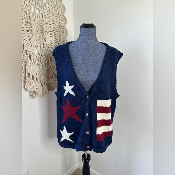 Vintage Navy Blue Americana Patriotic Star Sweater Vest Overzealous Cardigan L - Picture 1 of 4